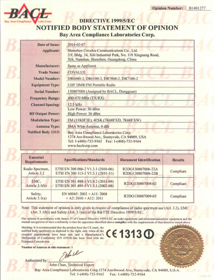 Feb 2014, First CE/FCC/IC certificate of DMR Portable DR6000 series