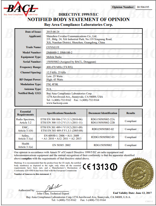 Jun 2015, First CE/FCC/IC certificate of DMR mobile DM6000 series